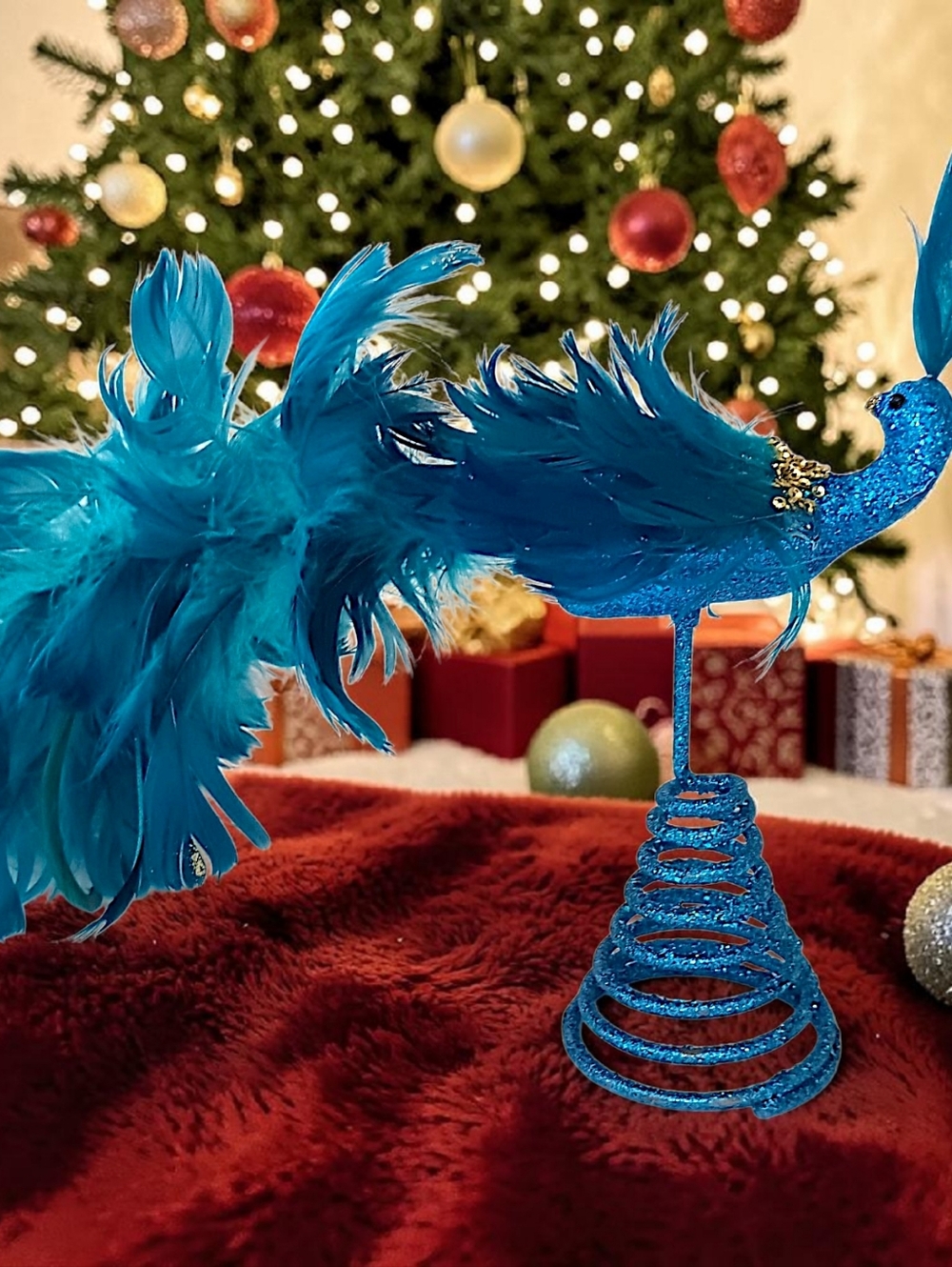 Vtg Feather Peacock Bird Christmas Tree Topper Large Glittery Blue Feathered